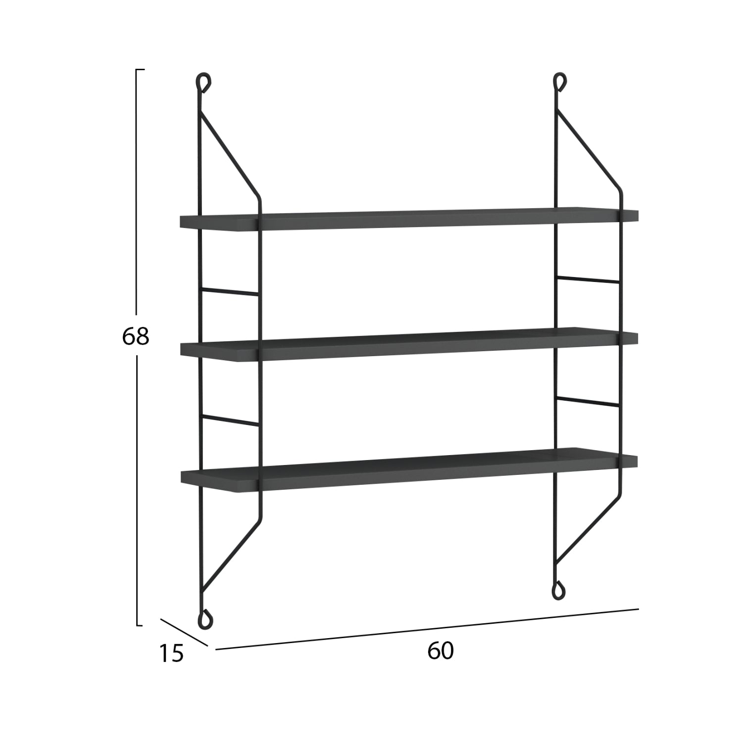 WALL SHELVES ACHALA HM9185.20 MELAMINE IN DARK GREY 60x15x68Hcm.