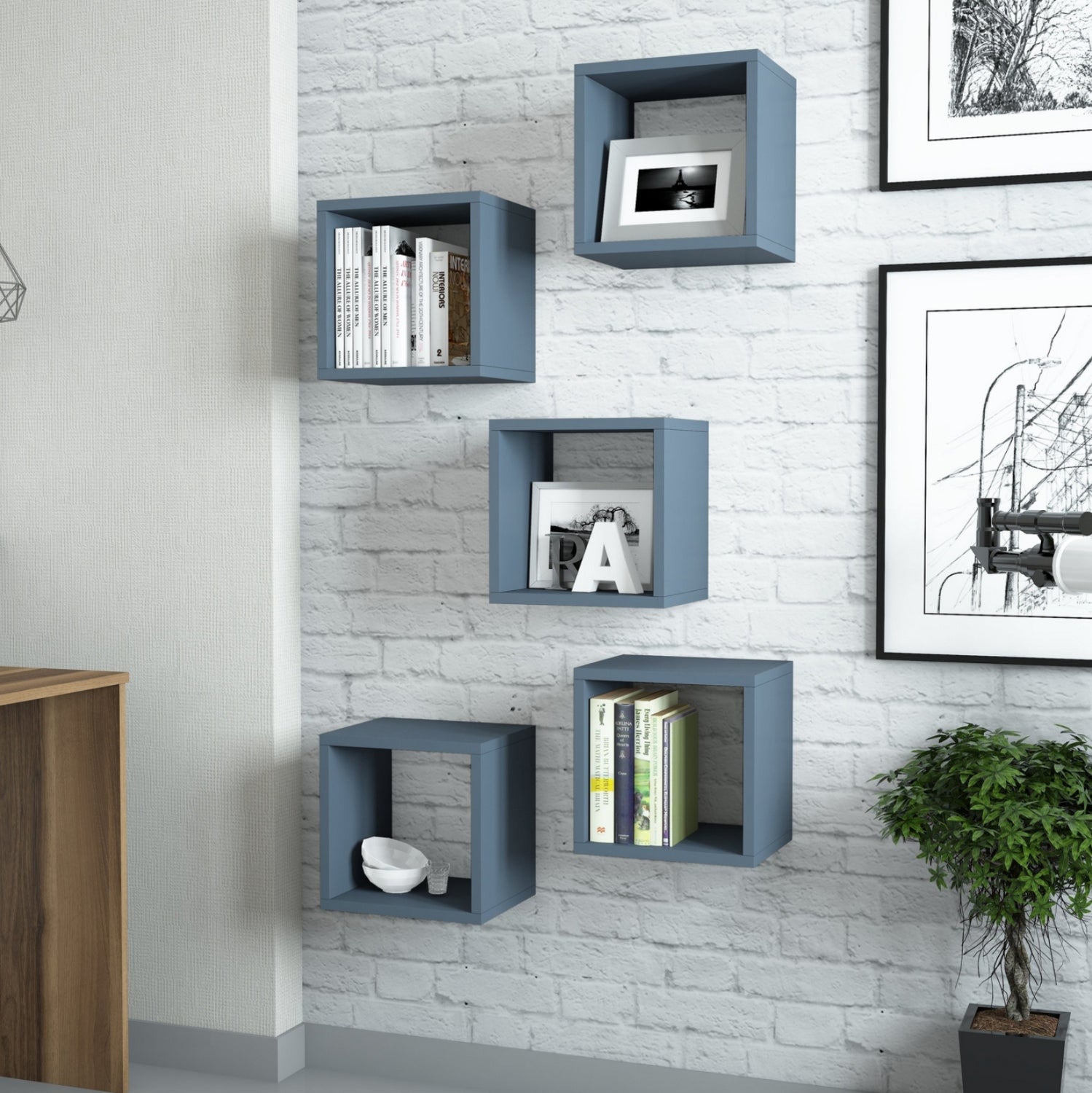 WALL SHELVES 5PCS HM9519.05 BLUE MELAMINE 30x30x24Hcm.