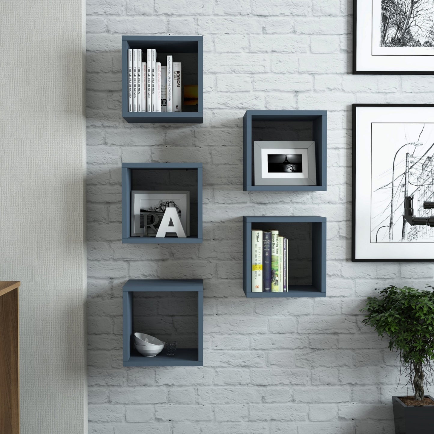 WALL SHELVES 5PCS HM9519.05 BLUE MELAMINE 30x30x24Hcm.