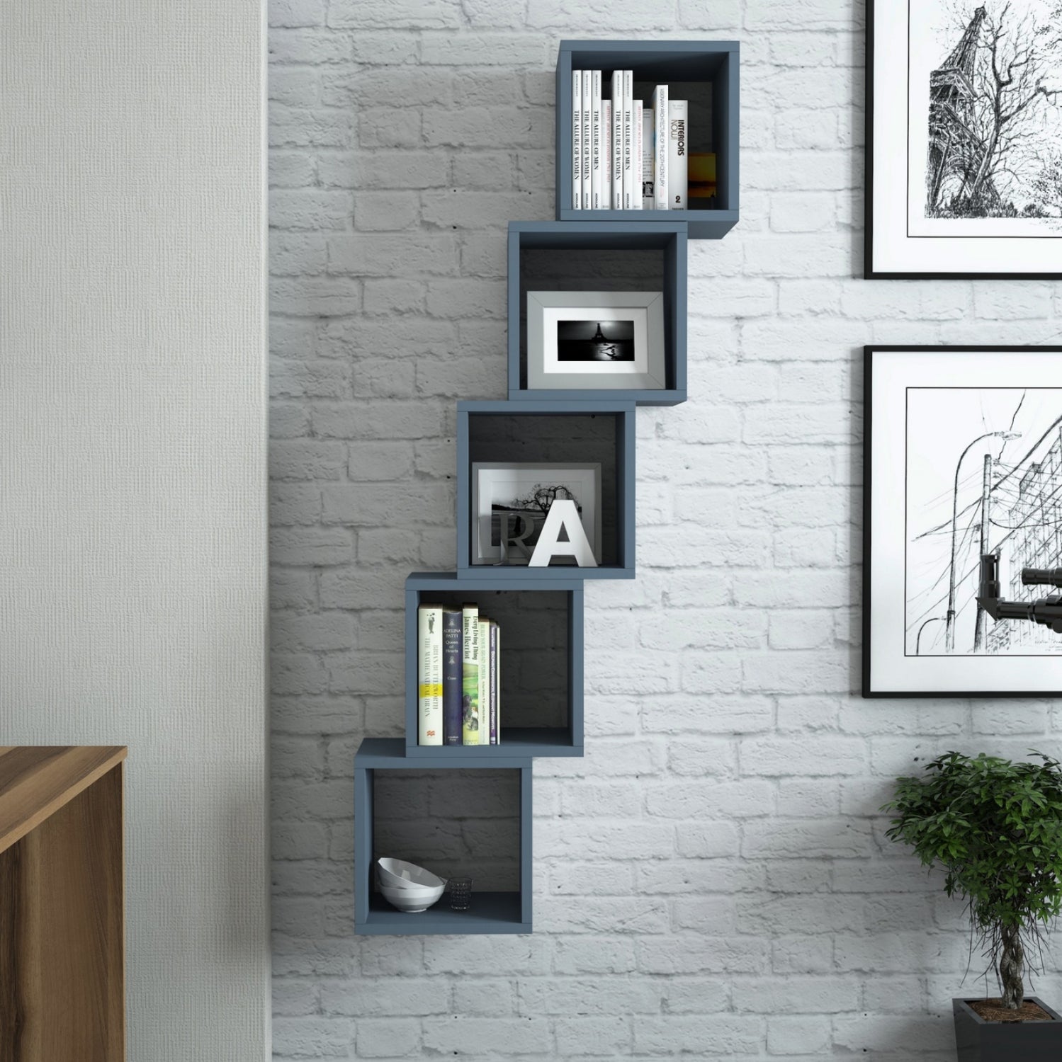 WALL SHELVES 5PCS HM9519.05 BLUE MELAMINE 30x30x24Hcm.