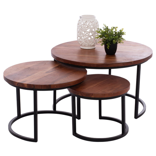 3 NESTING TABLES OBI HM9255 ACACIA WOOD WITH METAL BLACK LEGS 78x78x47H CM.